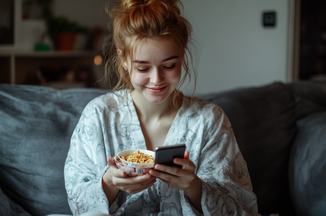 A woman smiling at her phone | Source: No source