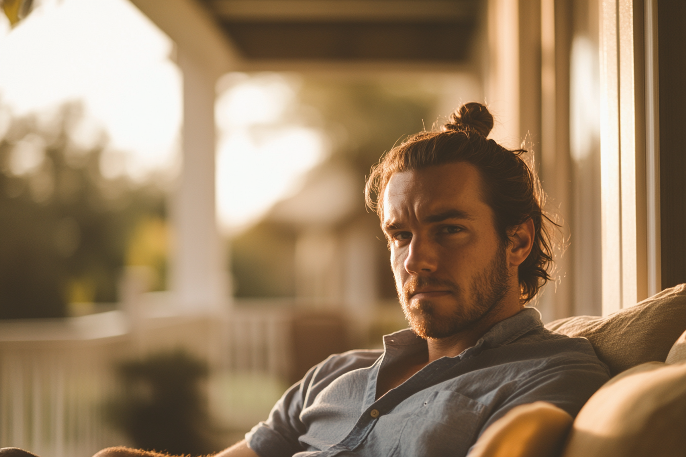 A man sits on a porch looking serious | Source: no source