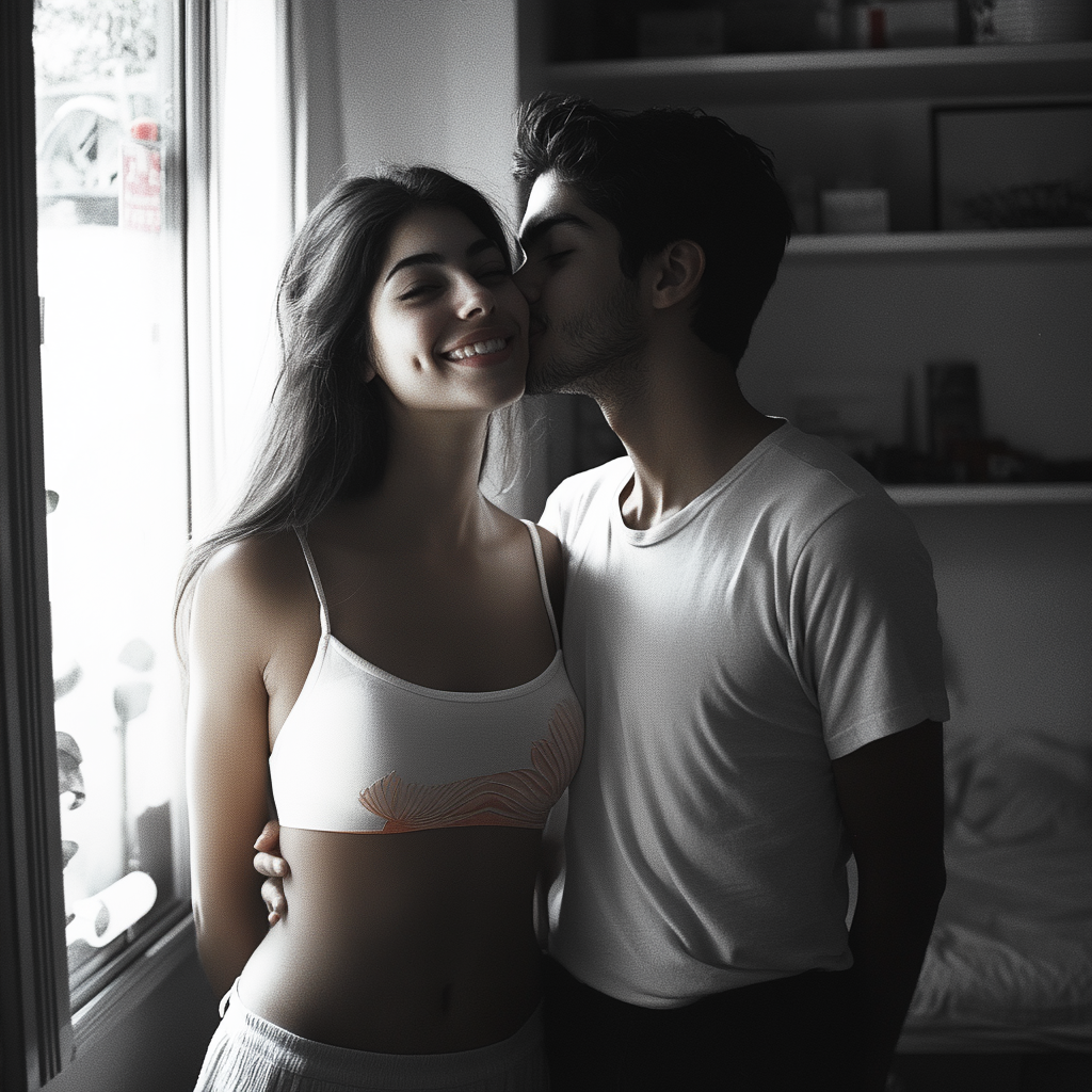 A woman getting a kiss from her man | Source: no source