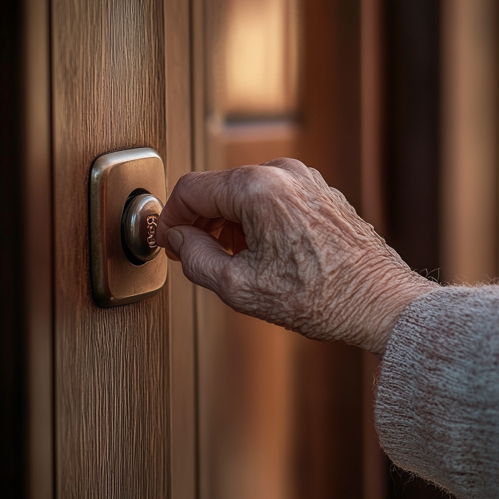An older woman's hand near a doorbell | Source: No source