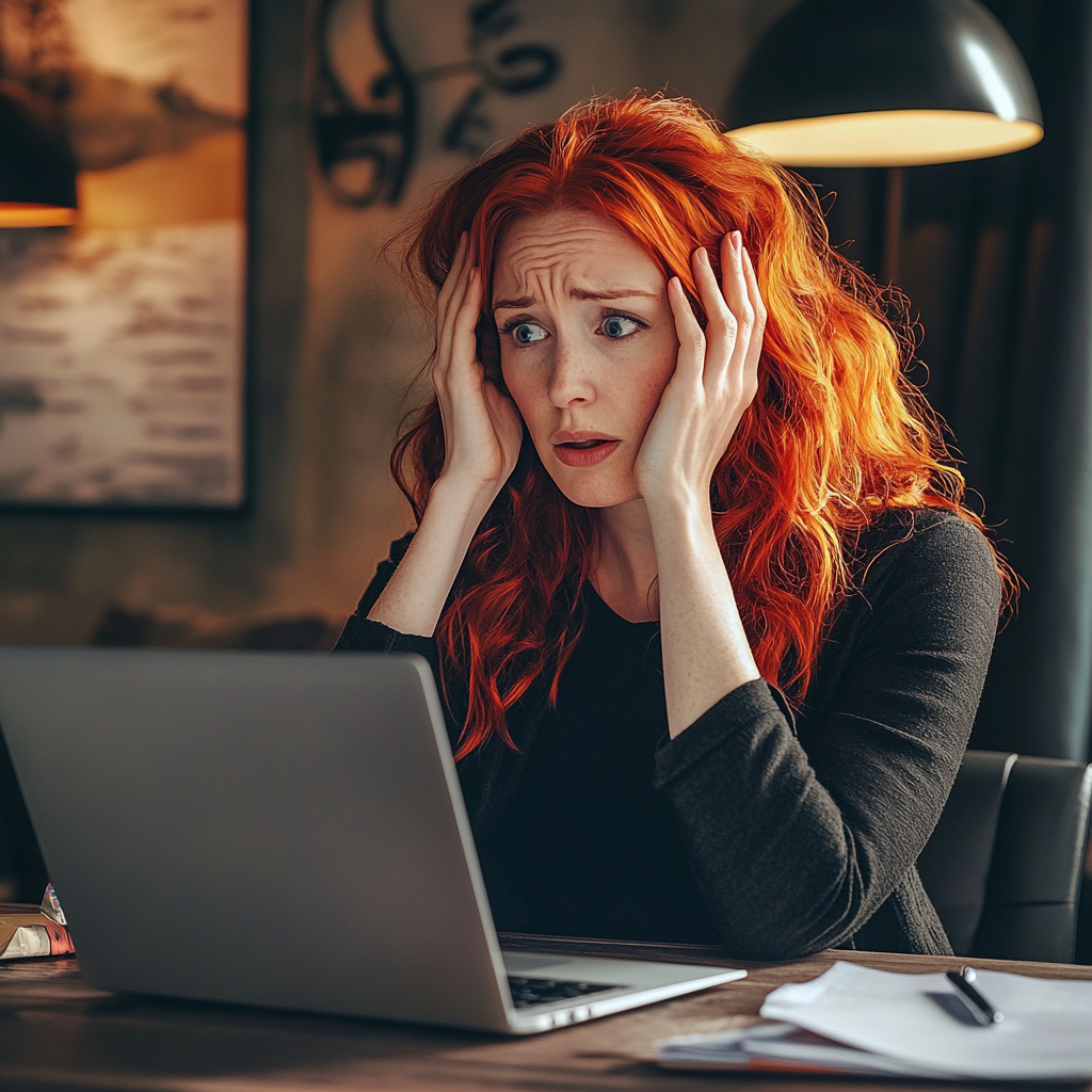 A shocked woman sitting in front of a laptop | Source: No source
