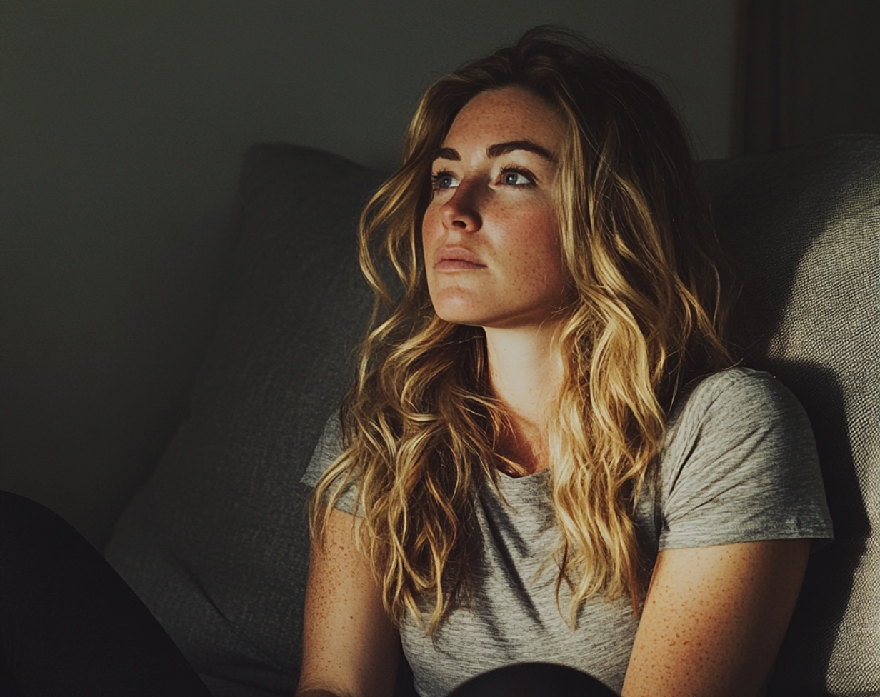 A pensive woman sitting on a couch | Source: no source