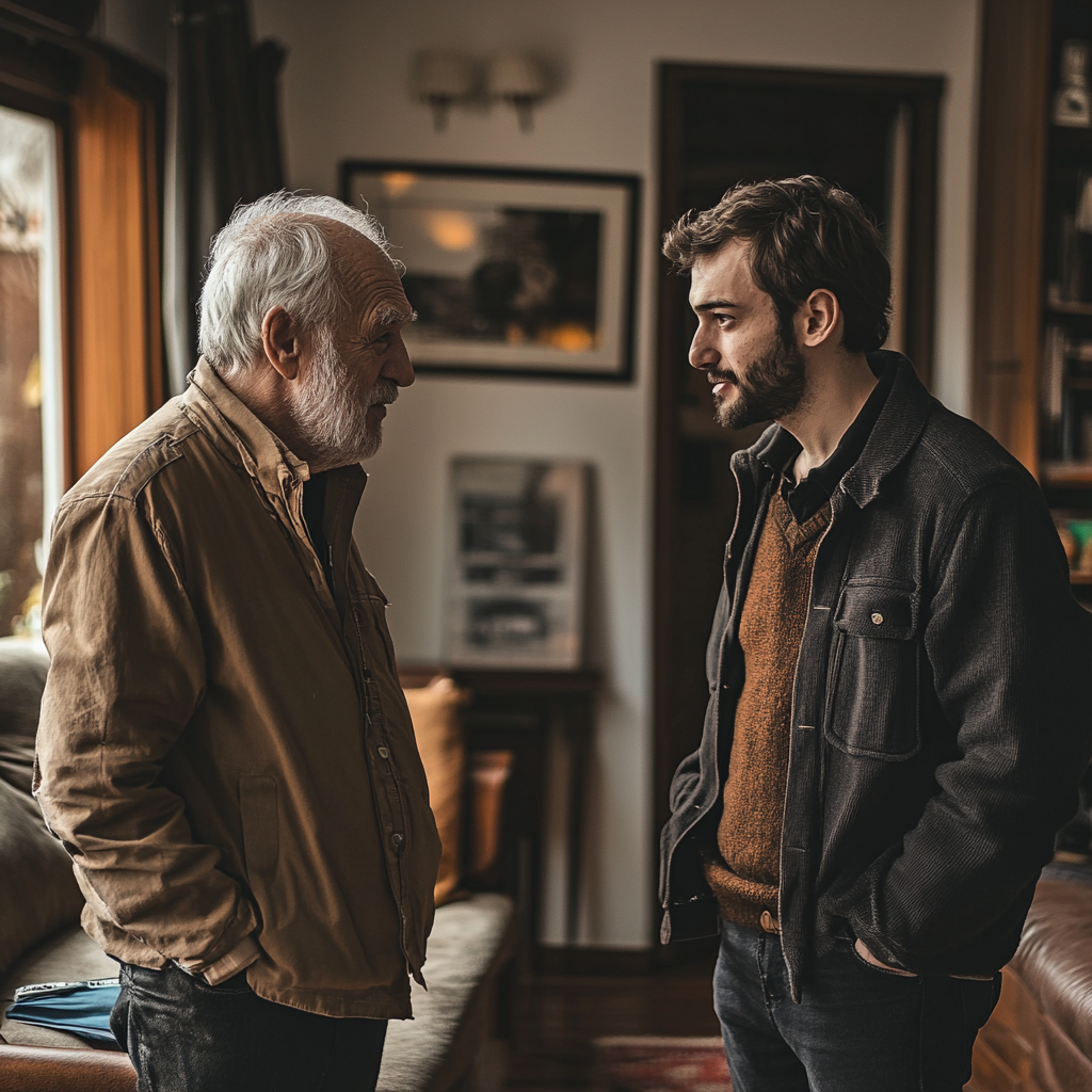 An elderly man talking to his son | Source: no source