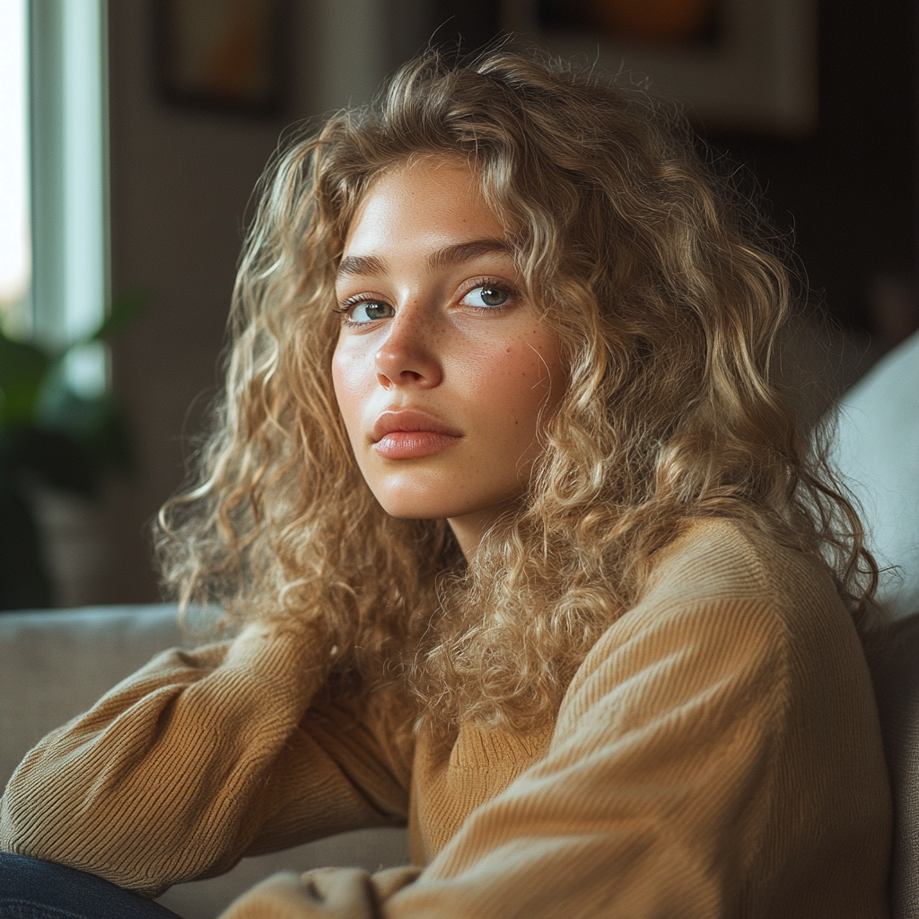 A thoughtful woman in her living room | Source: no source