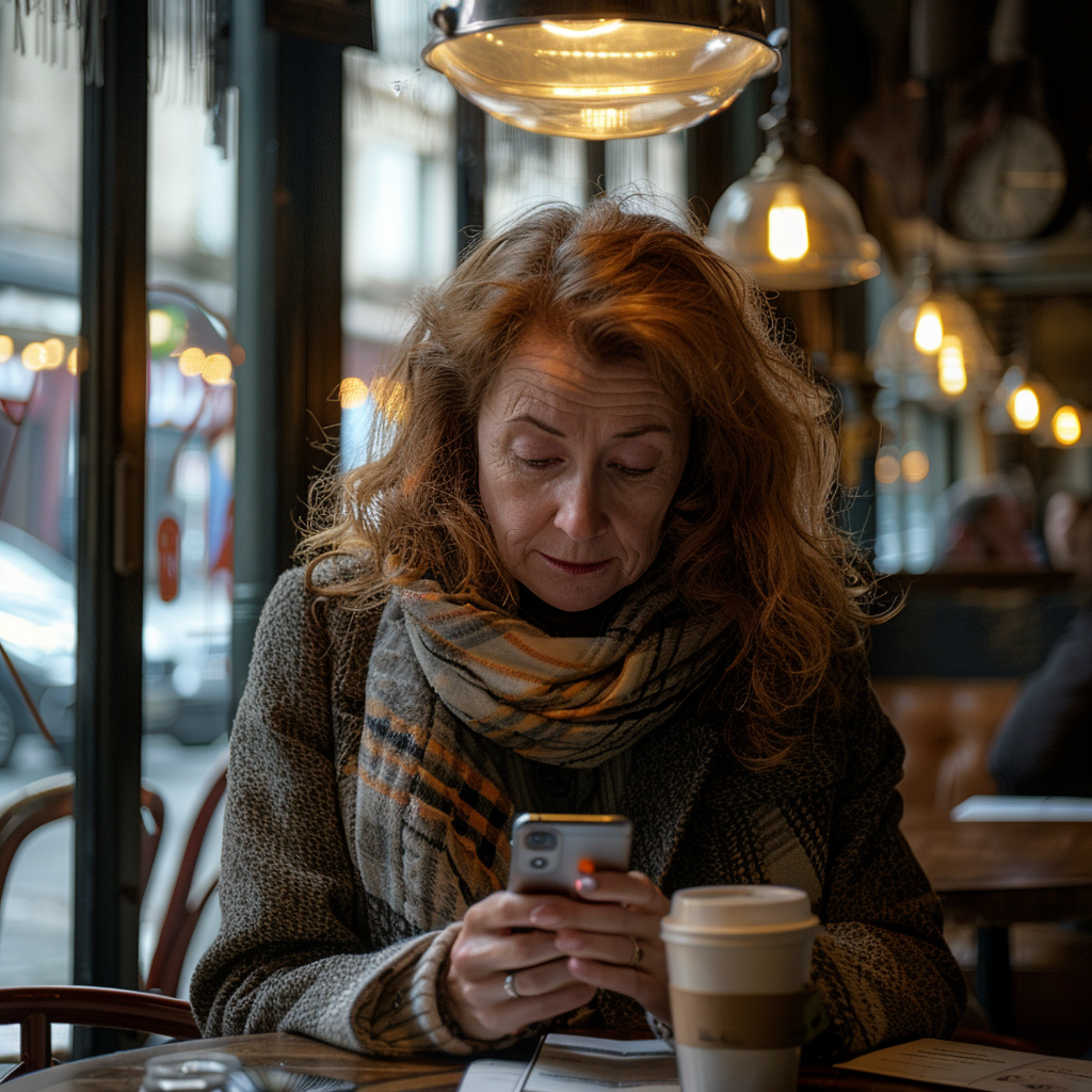 A woman checking her phone while sitting in a café | Source: No source