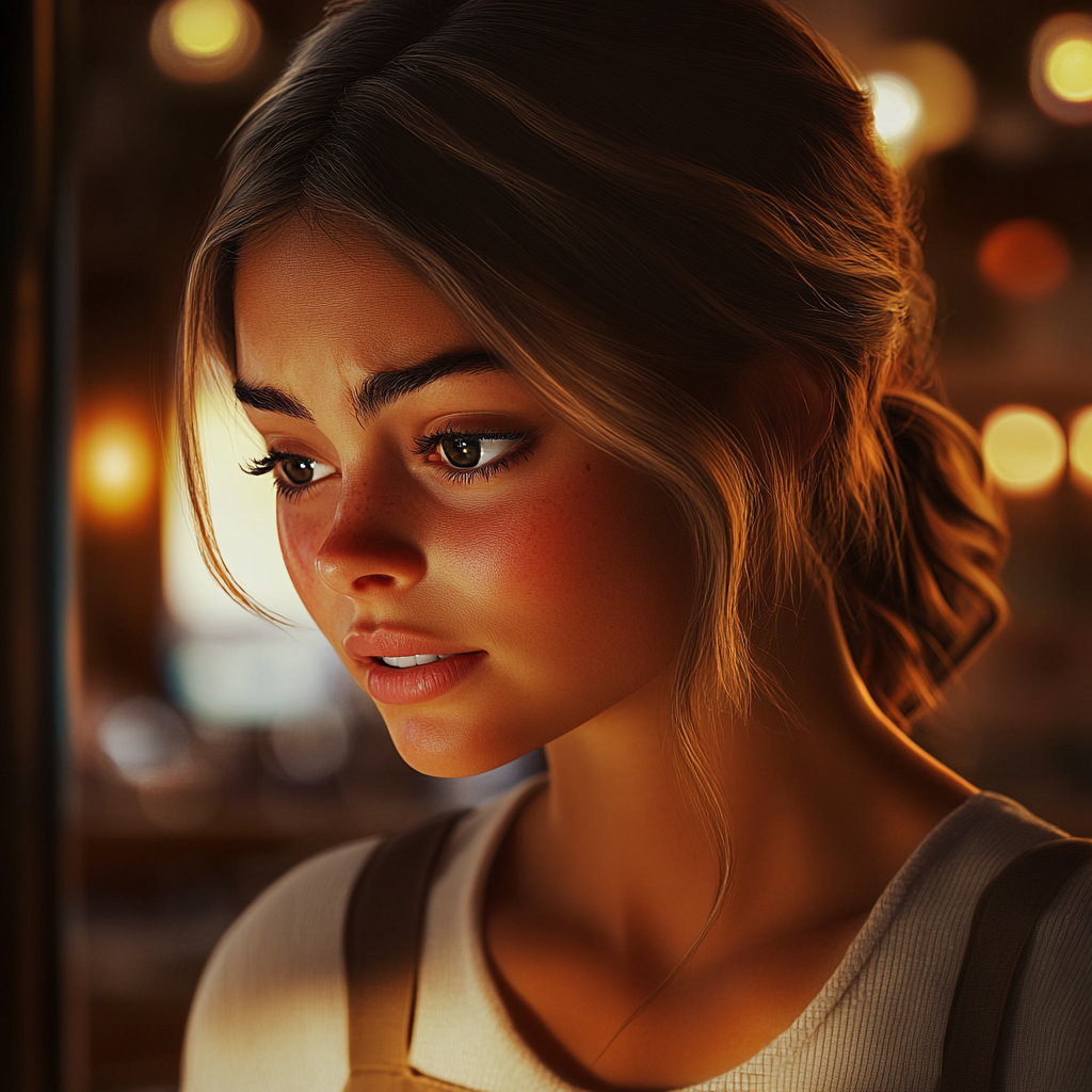 A sad juice bar attendant with her eyes downcast | Source: No source