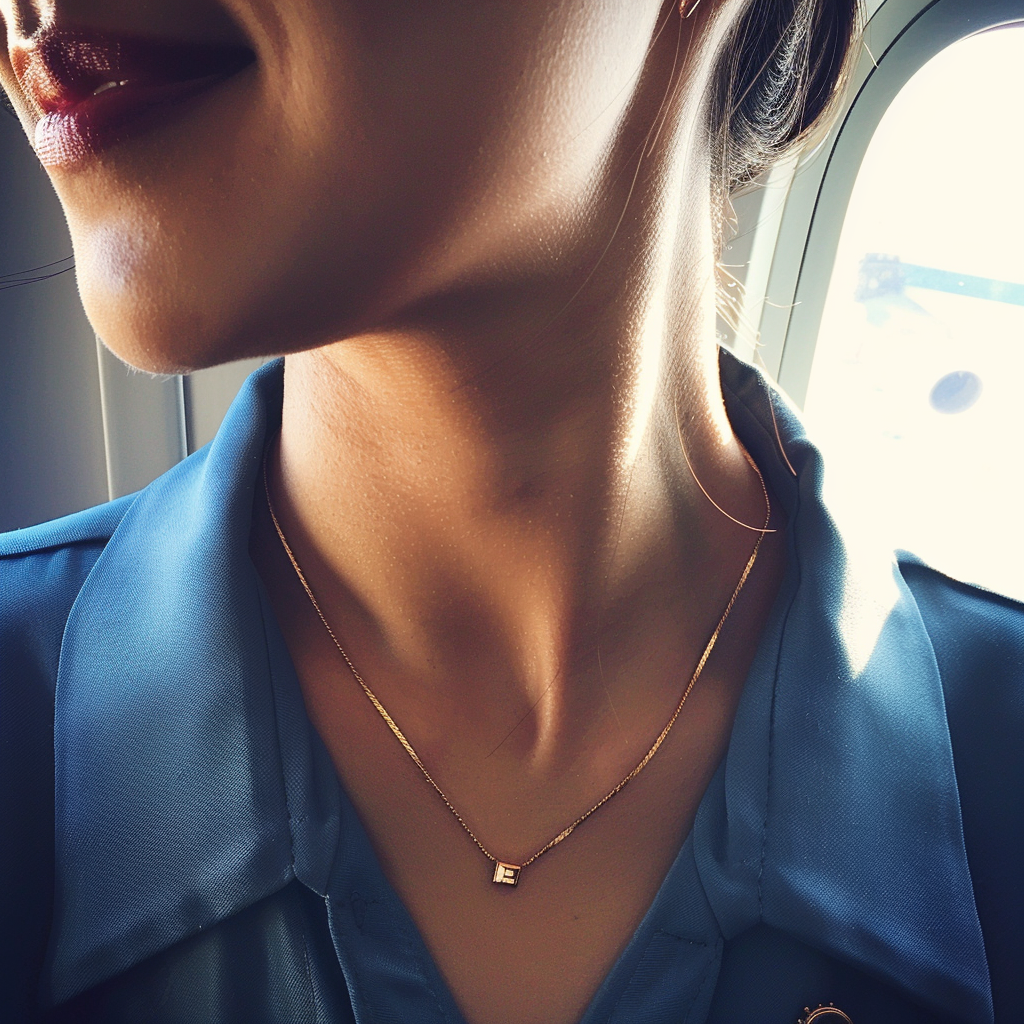A flight attendant wearing a gold necklace | Source: no source