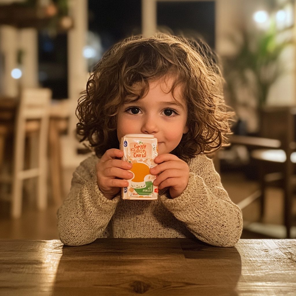A little girl holding a juice box | Source: no source