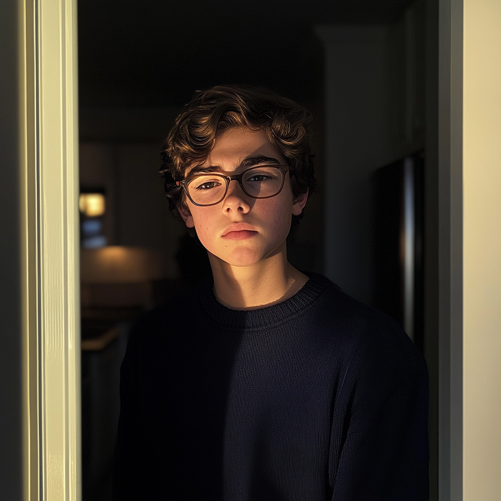 A young boy standing in a doorway | Source: no source