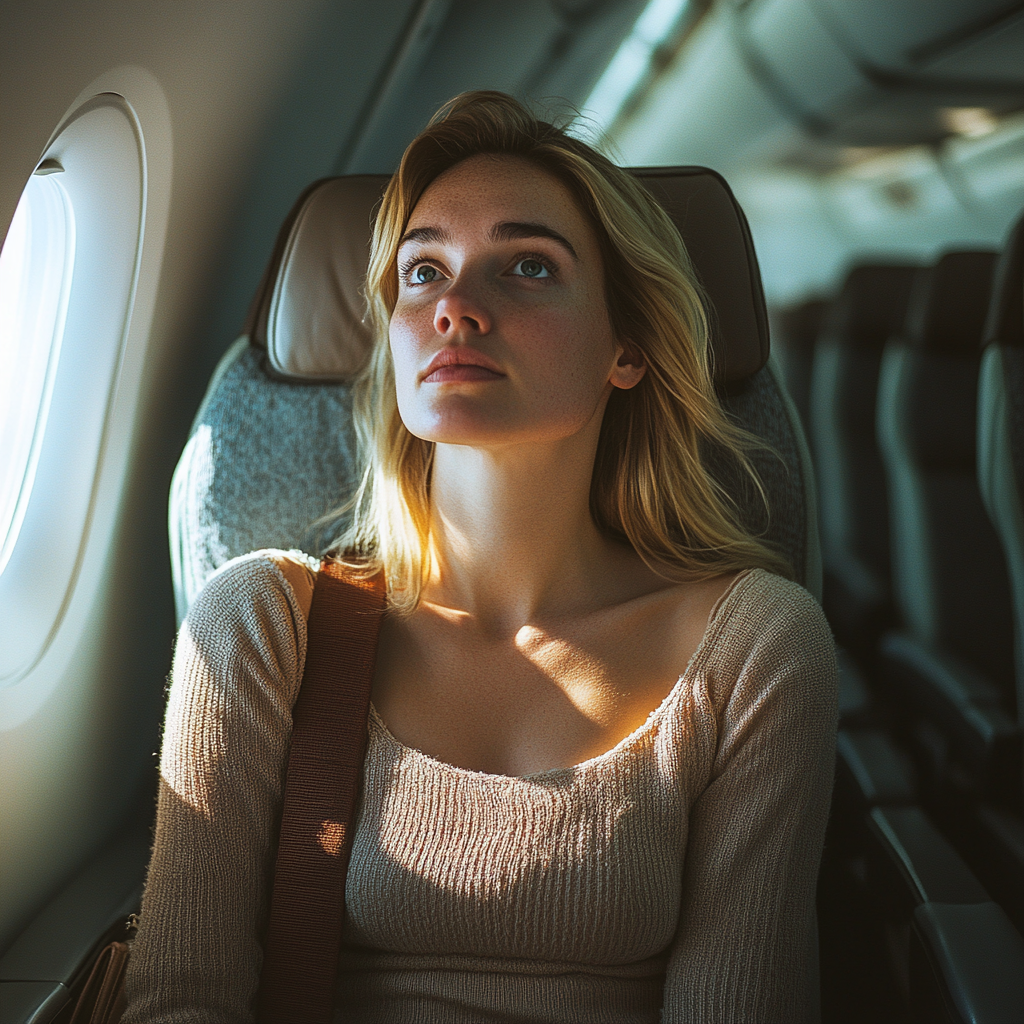 A defiant woman in her airplane seat | Source: no source