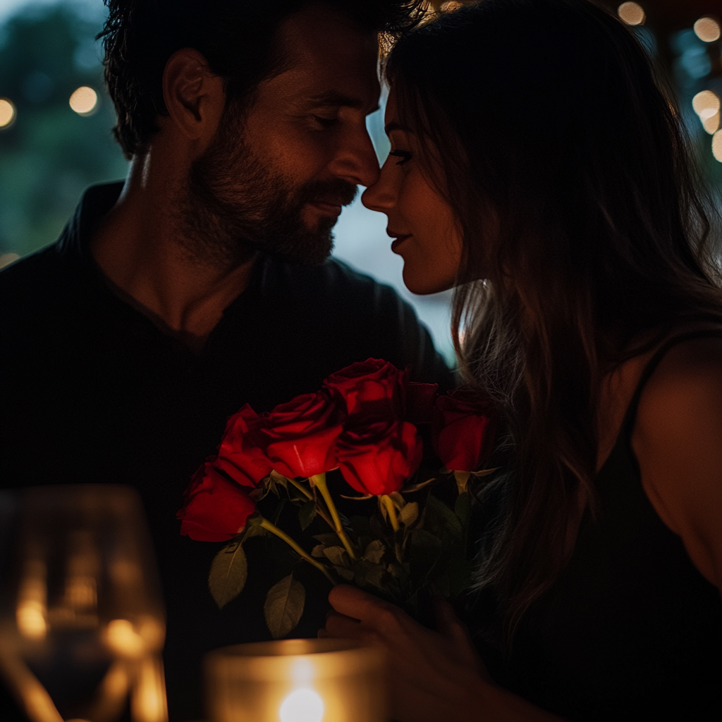 A man presenting a bouquet of red roses to his wife | Source: no source