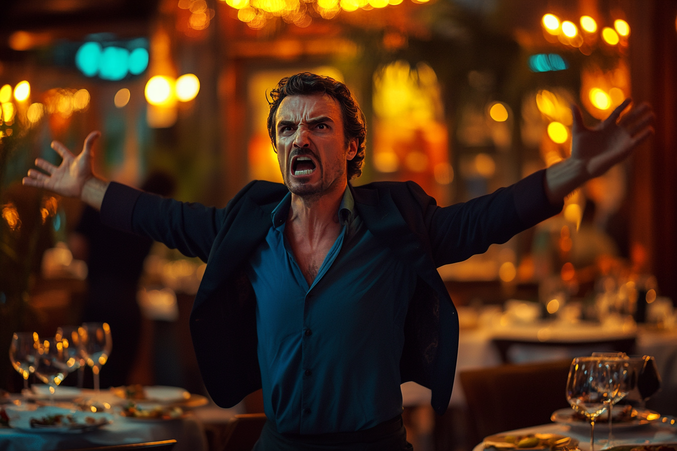 Angry man with hands in the air at a restaurant | Source: No source