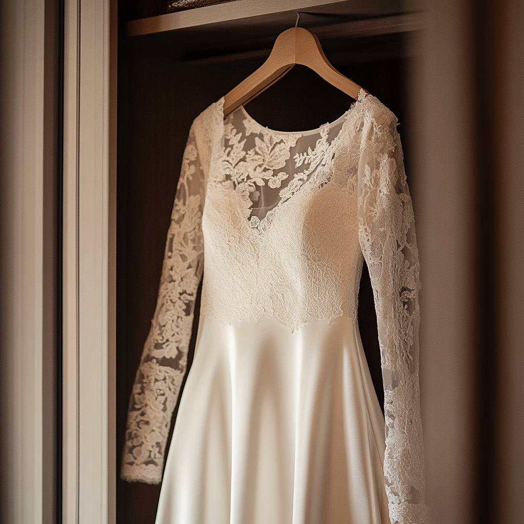 A wedding dress hanging in a closet | Source: no source