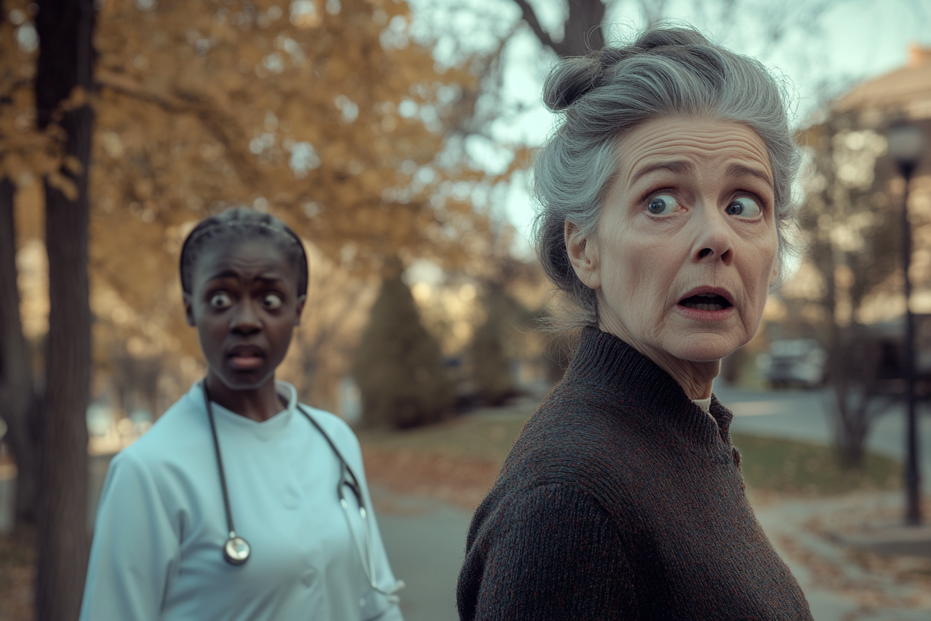 An elderly woman and nurse with shocked expressions | Source: no source
