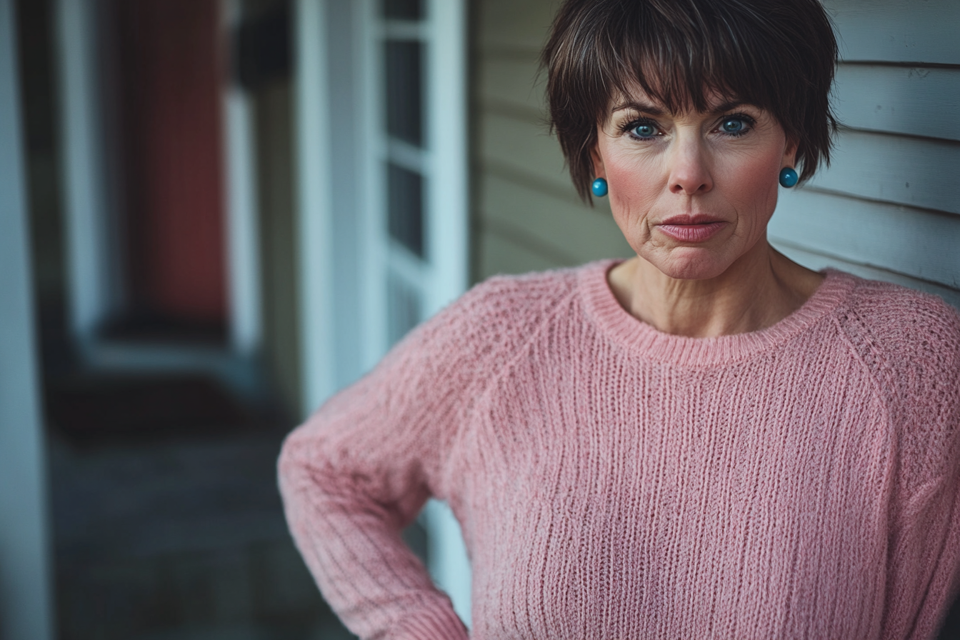 An angry woman in her 50s standing on the porch with her hands on her waist | Source: No source