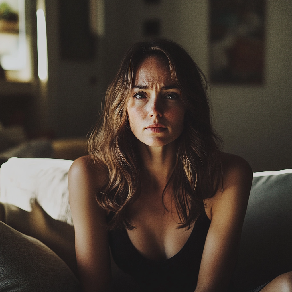 An upset woman sitting on a couch | Source: no source