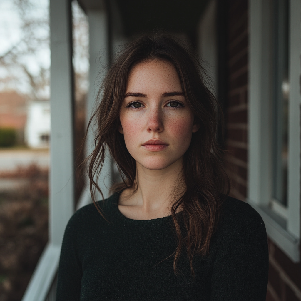 A serious and tired woman standing on a porch | Source: No source