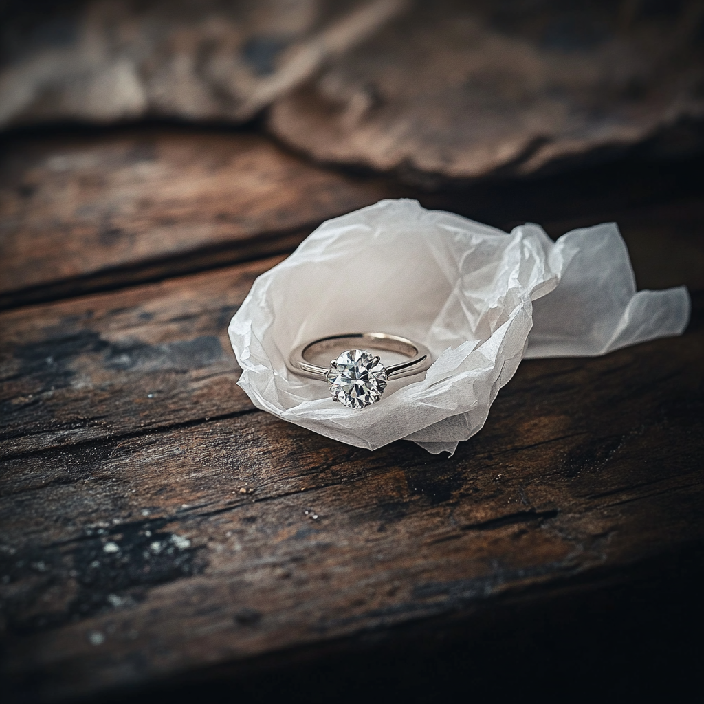 A wedding ring wrapped in a tissue lying on an old wooden table | Source: no source