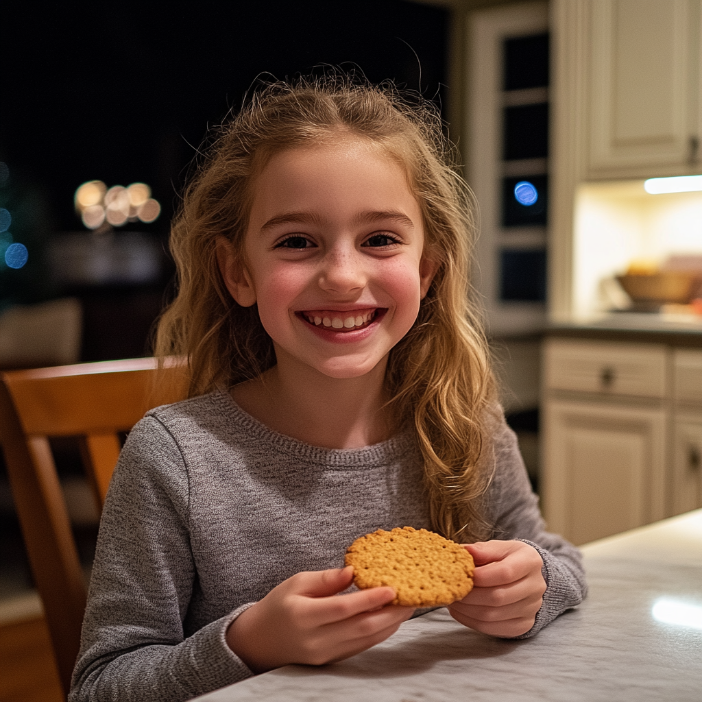 A happy girl with a cookie | Source: No source