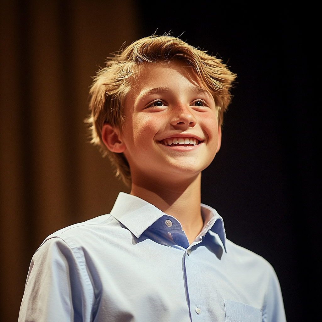 A smiling boy standing on a stage | Source: no source