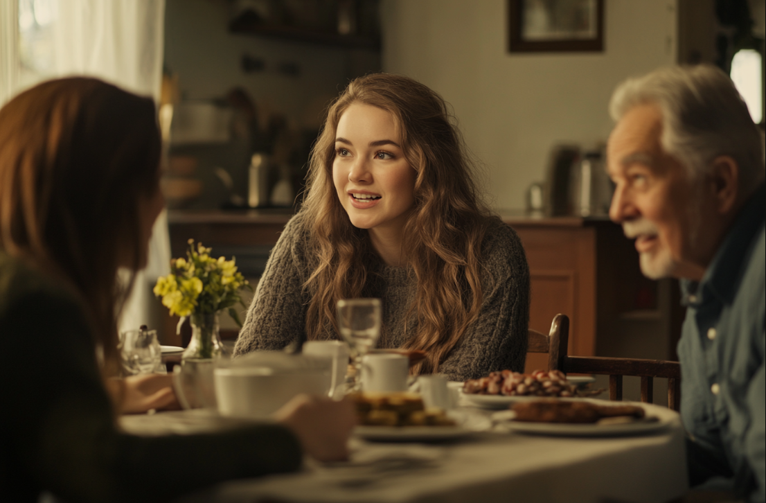 A woman speaking to her parents over dinner | Source: No source