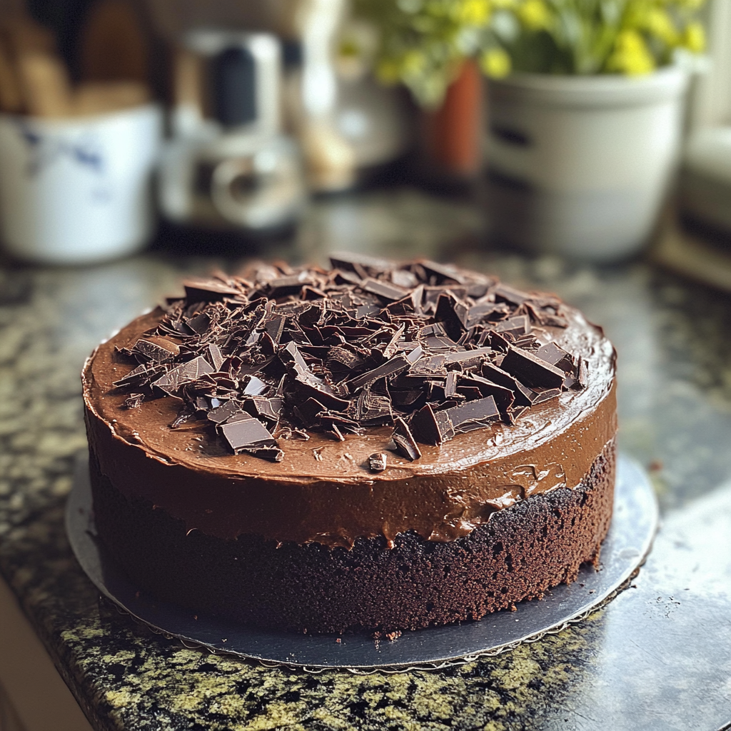 A chocolate cake on a counter | Source: no source