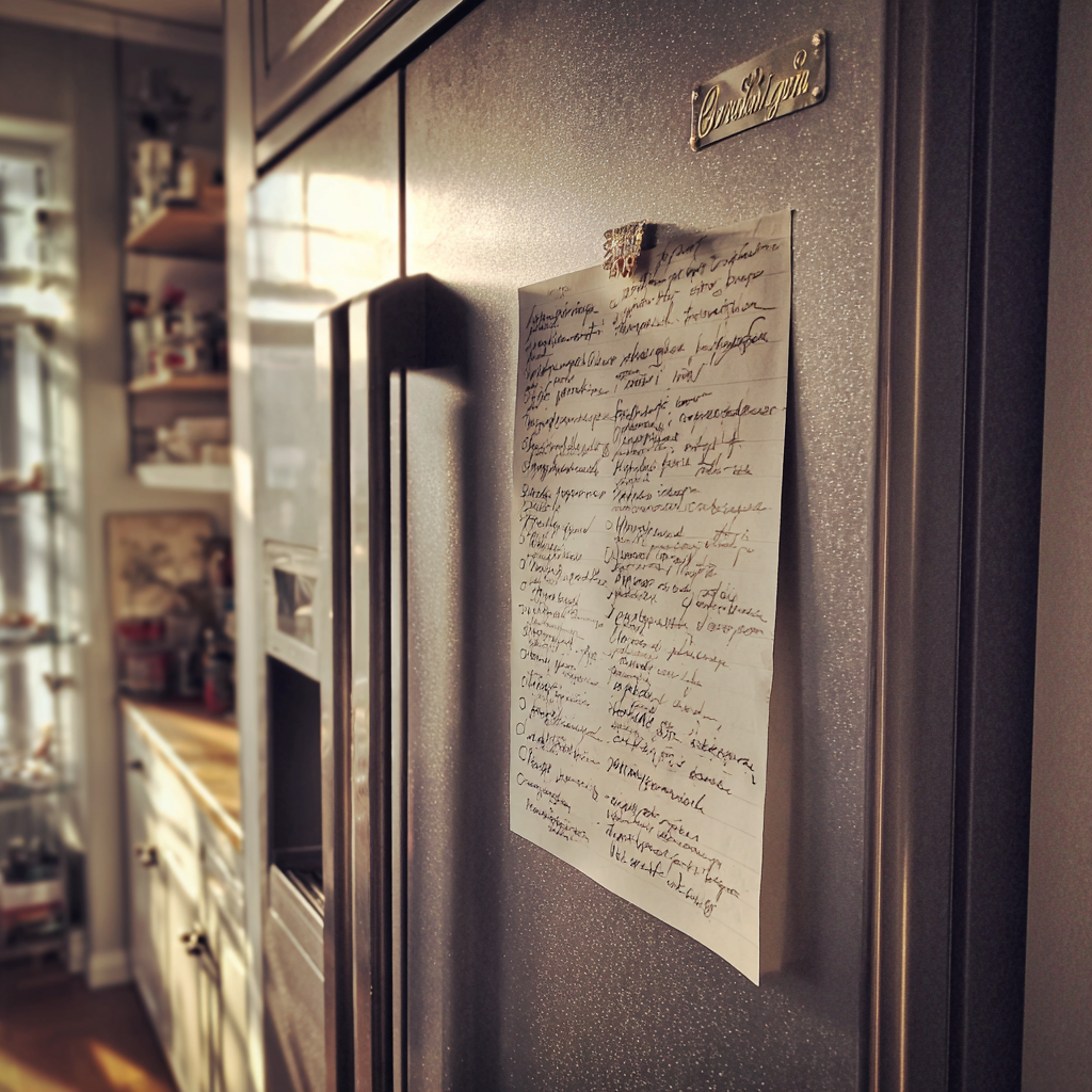 A piece of paper taped to a fridge | Source: no source