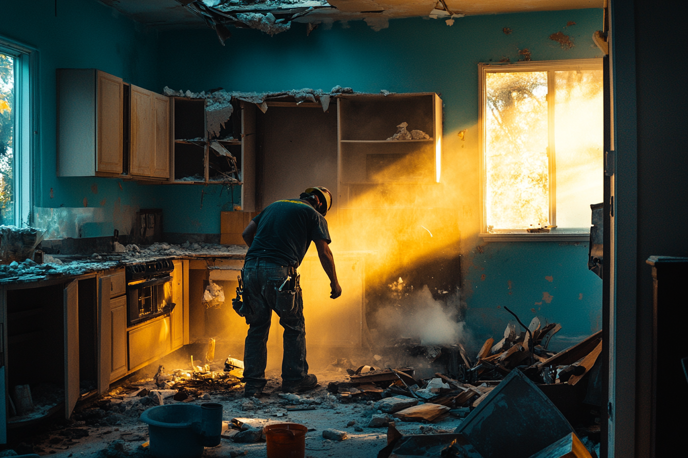 Construction worker demolishing a kitchen for renovation | Source: No source