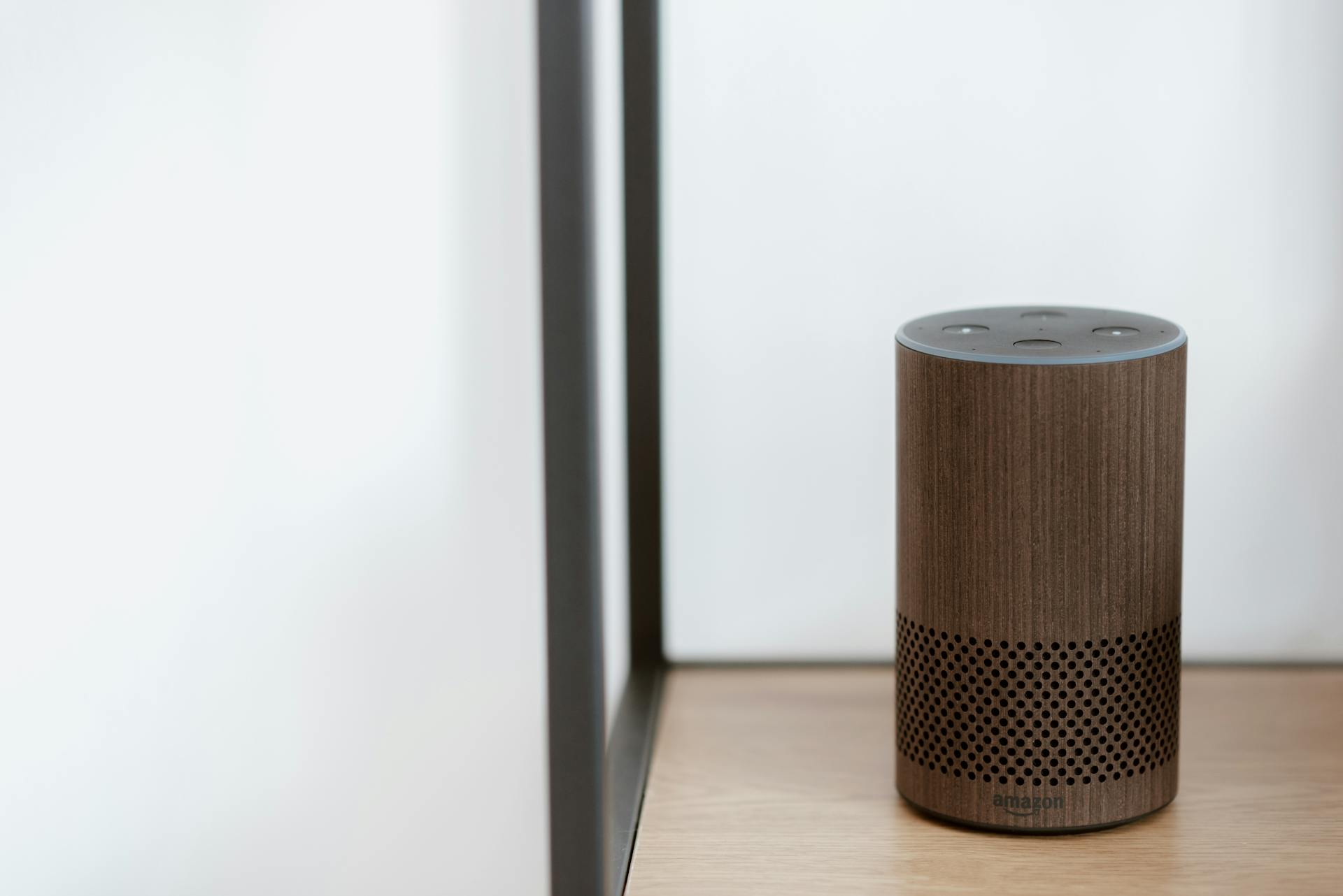 An echo speaker on a bookcase | Source: Pexels