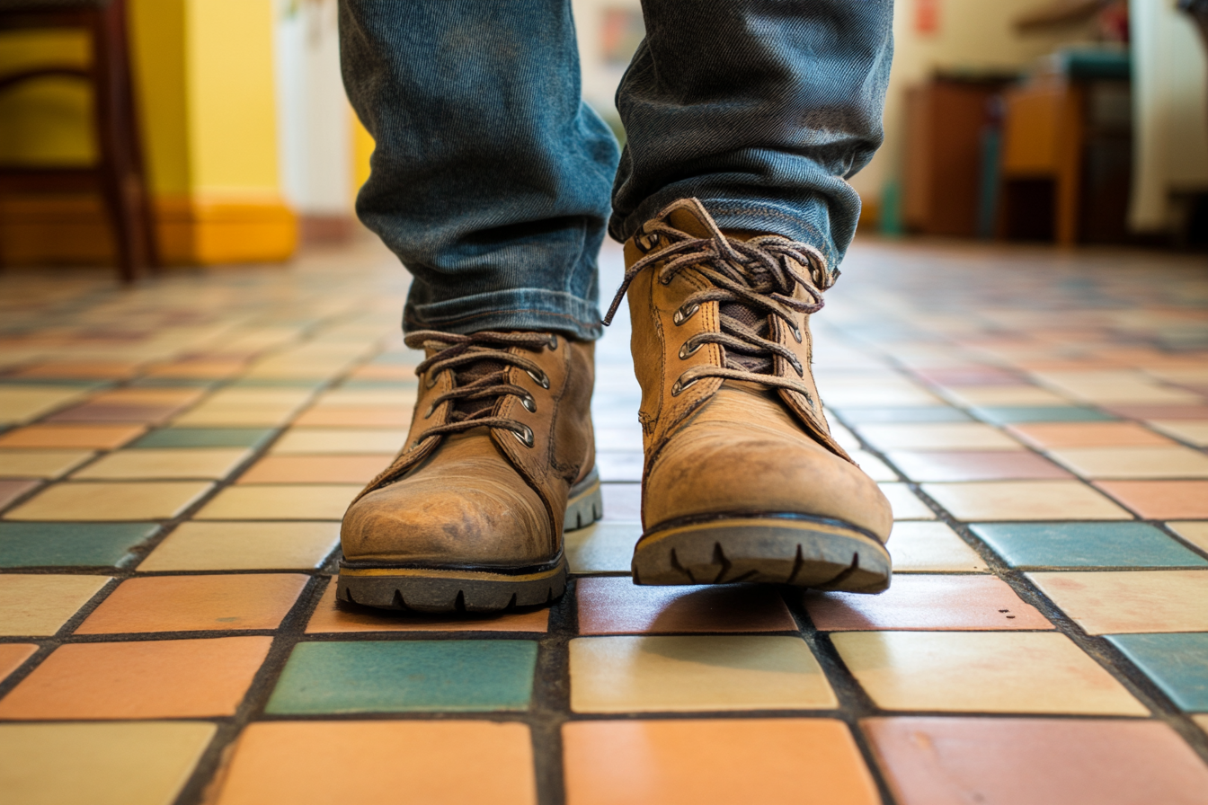 Close up of a man's boots on a tiled floor | Source: No source