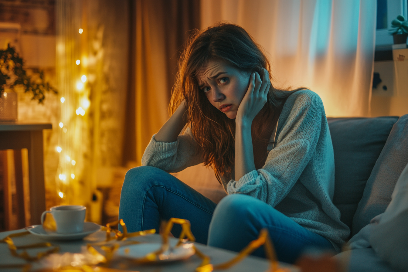 An upset woman sitting on a sofa | Source: no source