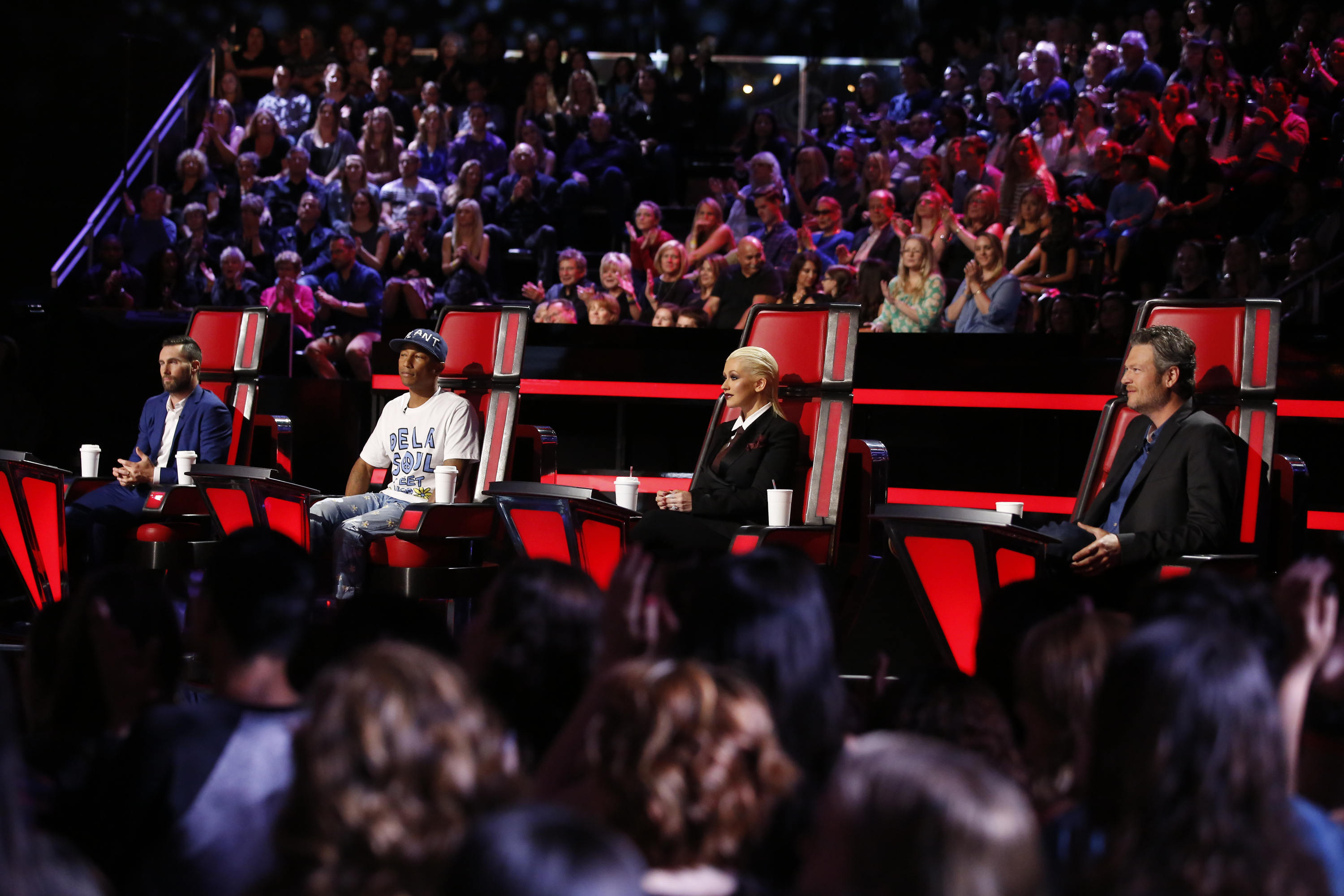 Adam Levine, Pharrell Williams, Christina Aguilera, and Blake Shelton pictured on "The Voice" - Season 10 on May 16, 2016 | Source: Getty Images