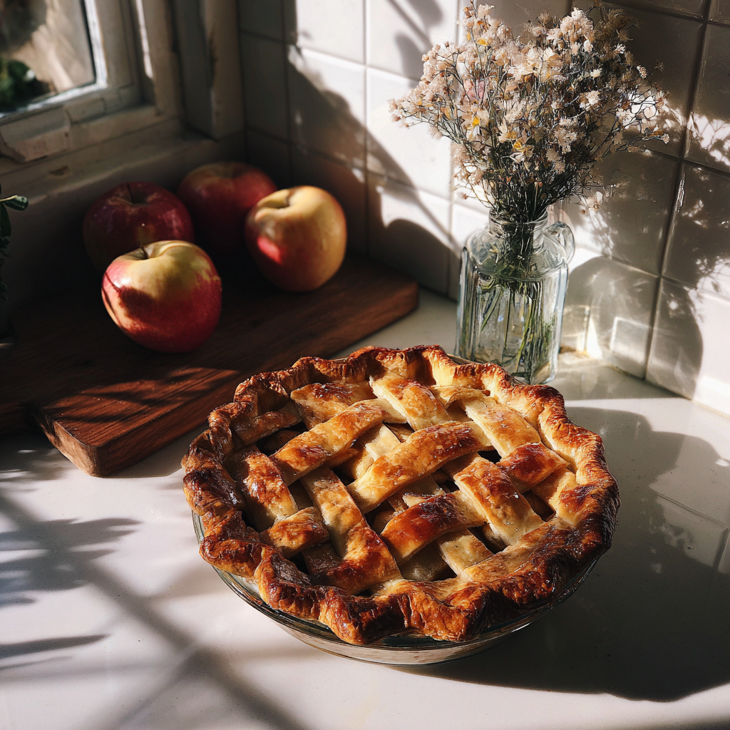 A homemade apple pie on a kitchen counter | Source: no source