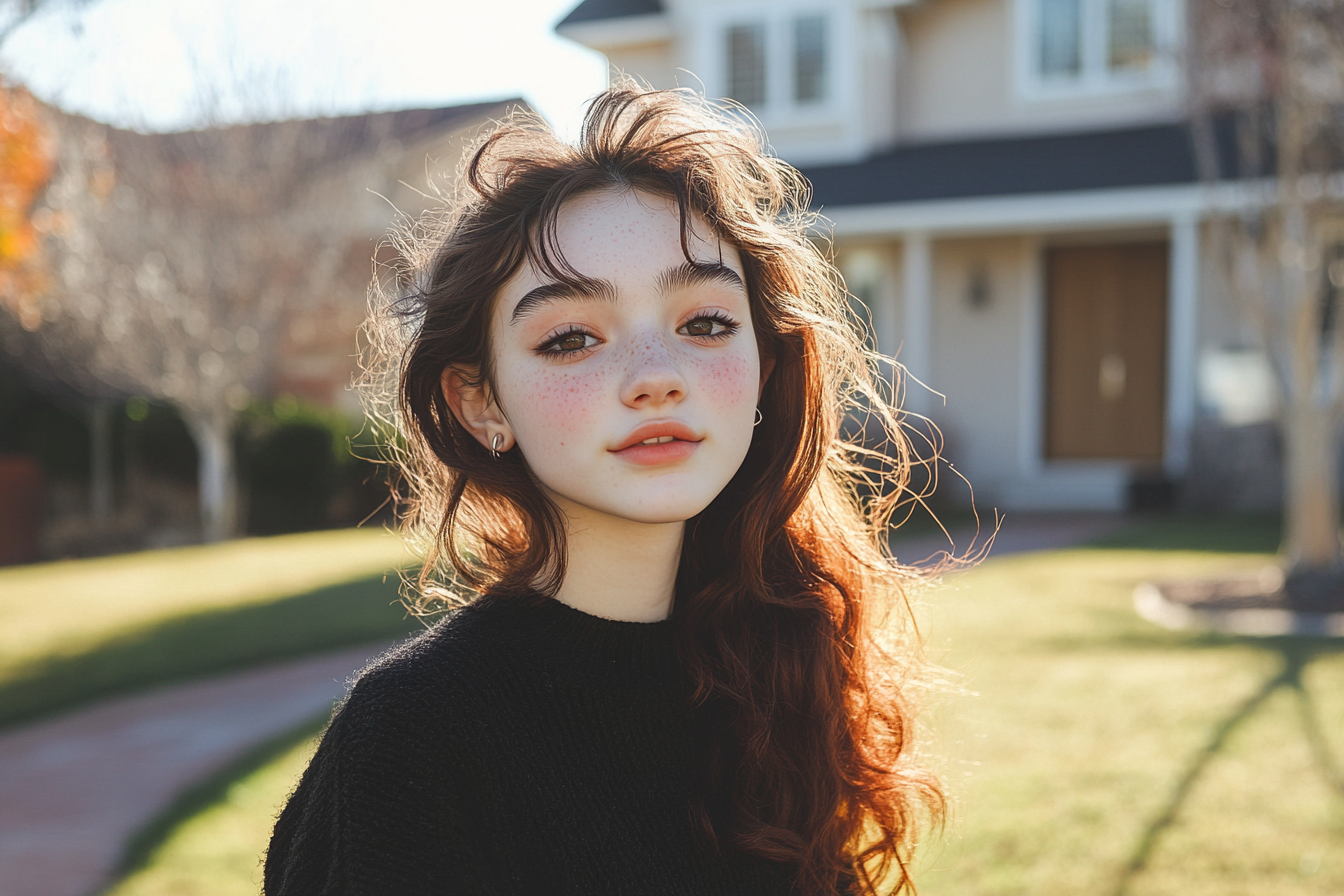 A teenage girl in front of a house, smiling softly | Source: No source
