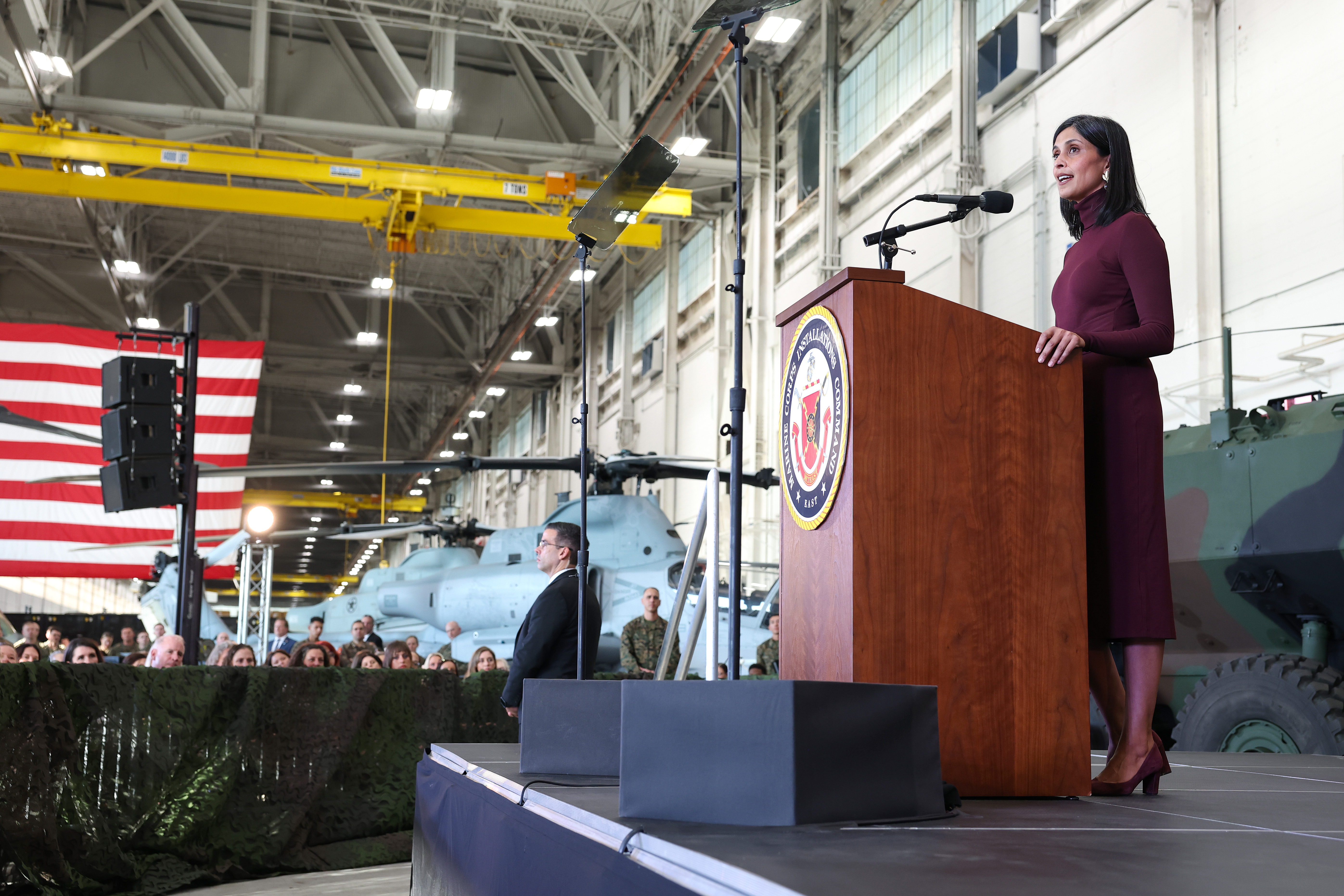 Usha Vance delivers remarks to military personnel and their families during a visit to MV-22 Mega Hangar on Marine Corps Air Station New River on November 19, 2025 | Source: Getty Images