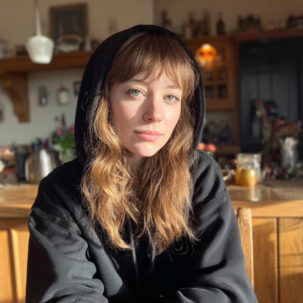A woman wearing a black hoodie sitting at a kitchen counter | Source: no source