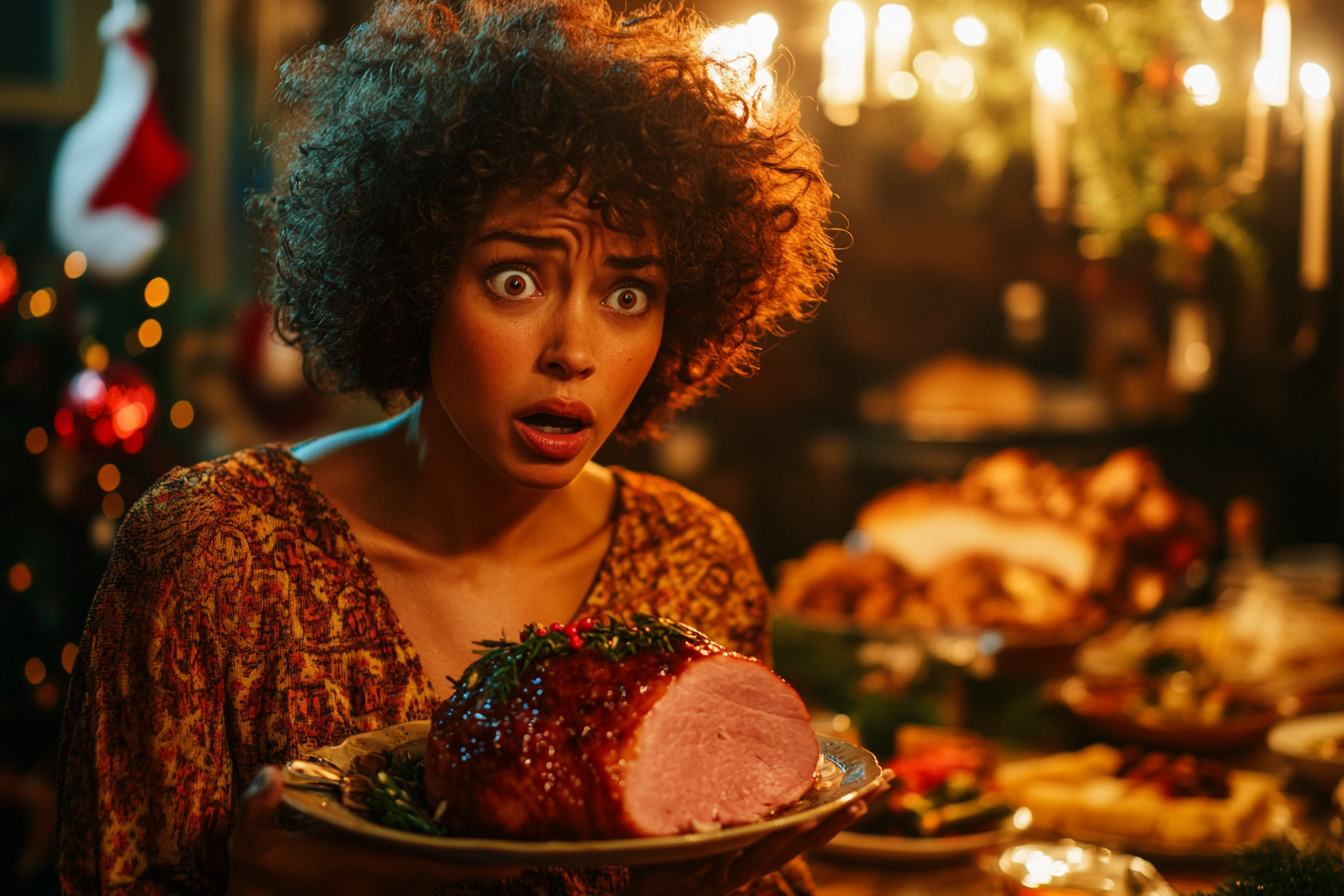 A woman looking surprised while holding a Christmas ham | Source: no source
