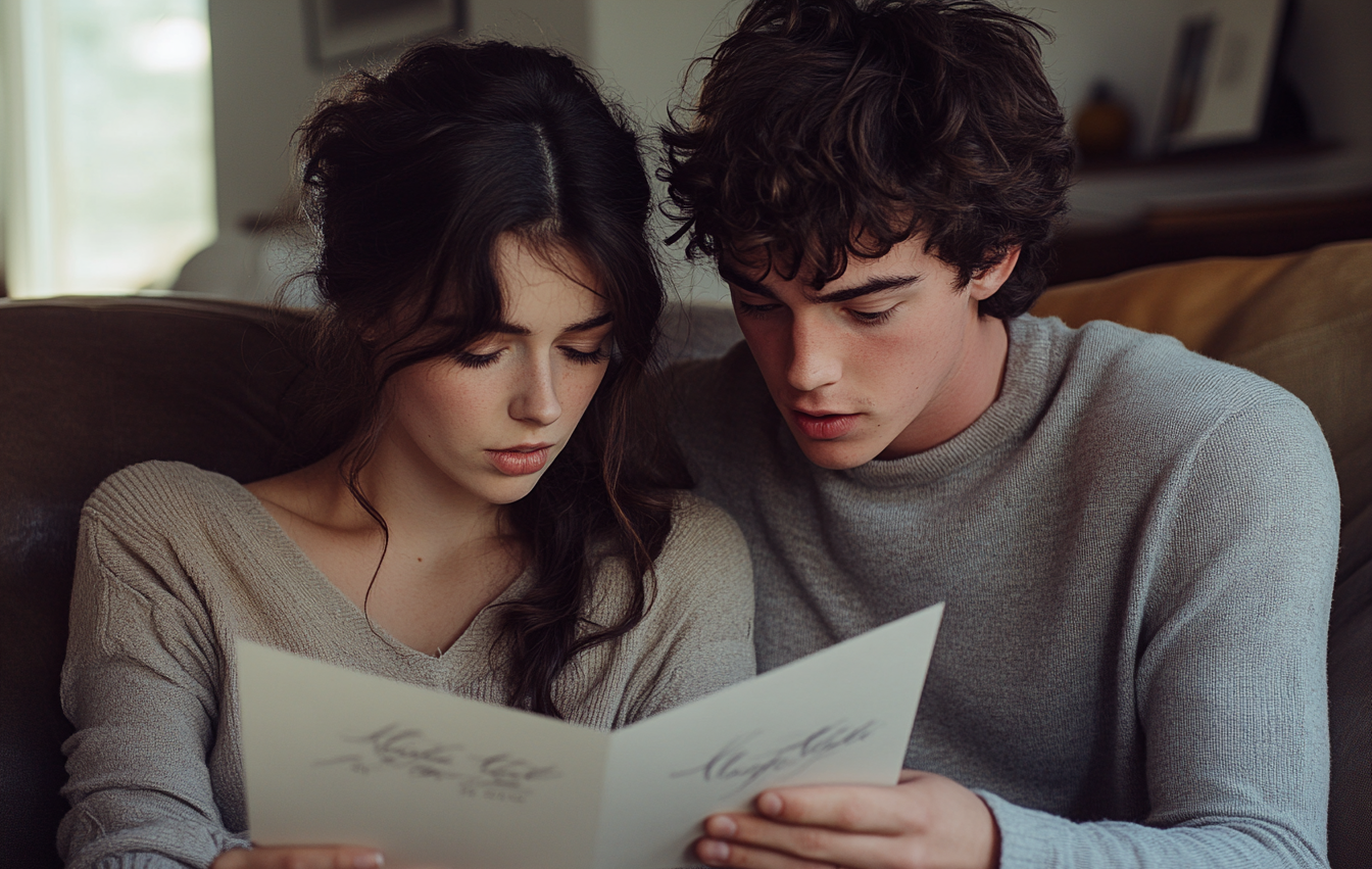 Couple seated on a couch looking at a wedding invitation card | Source: No source