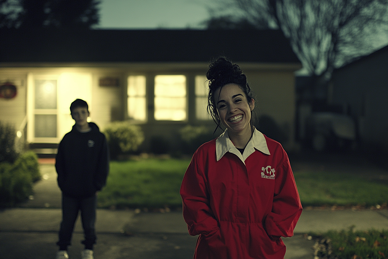 Woman in her 40s, wearing a uniform and smiling, stands in front of a modest house with a teenage boy in the background | Source: No source