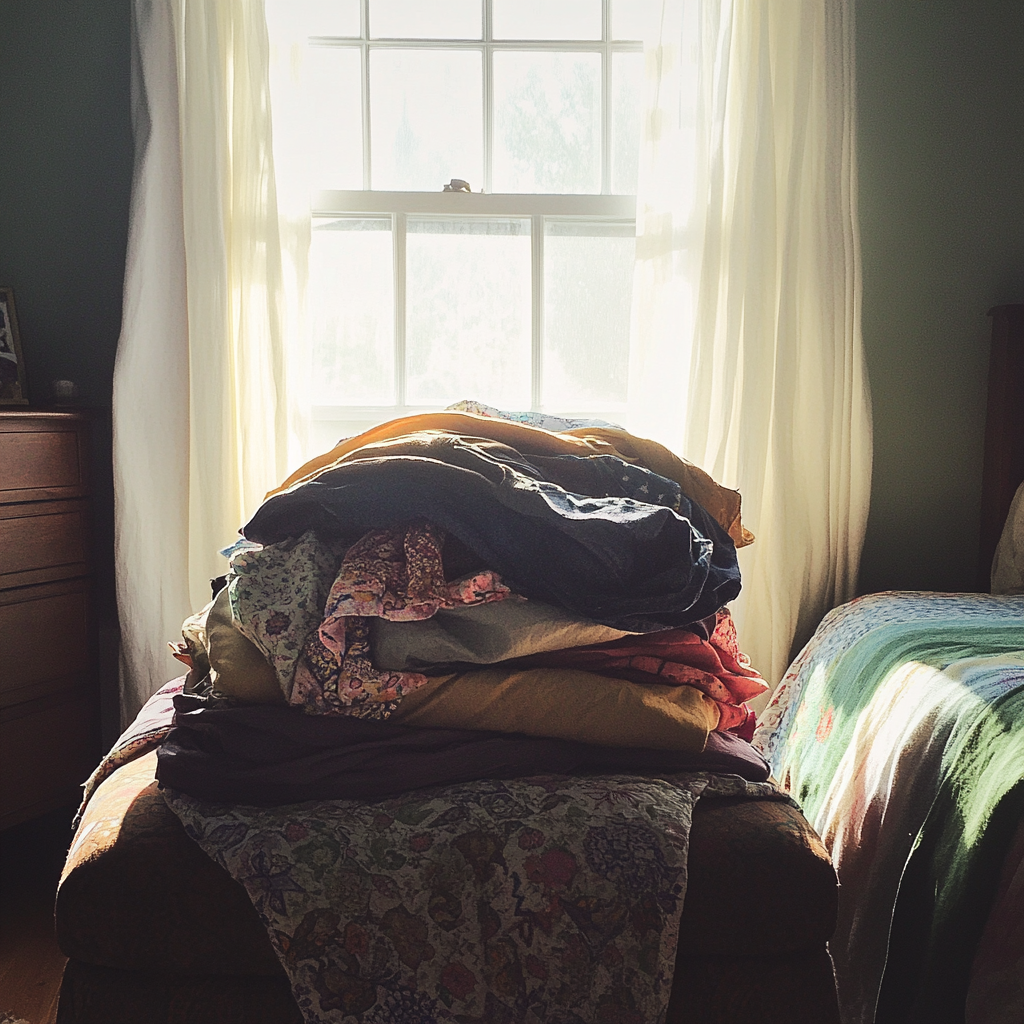 A pile of clothing on an ottoman | Source: No source