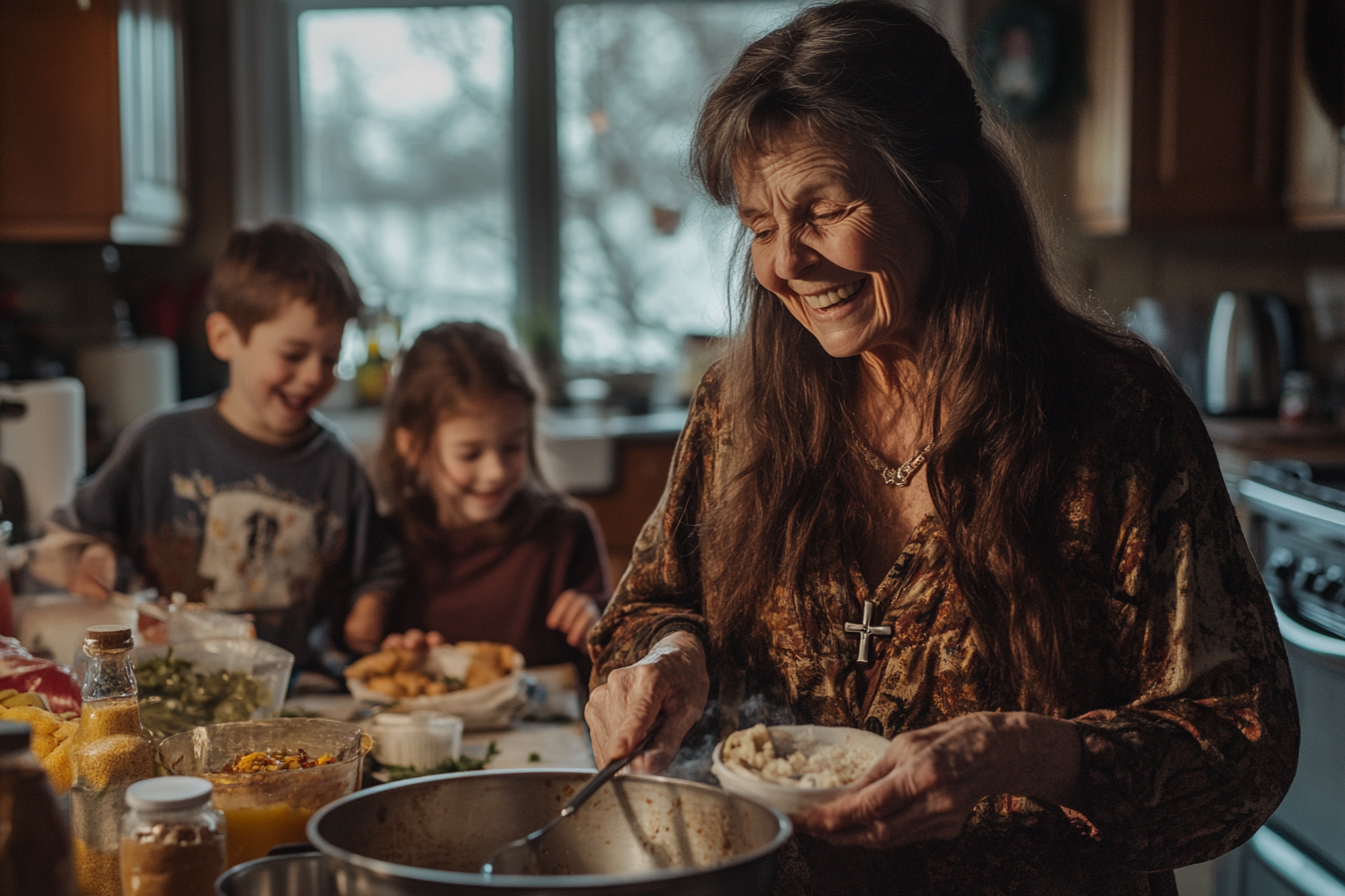 A woman in her 60s cooking in the kitchen smiling while two kids are helping in the background | Source: no source