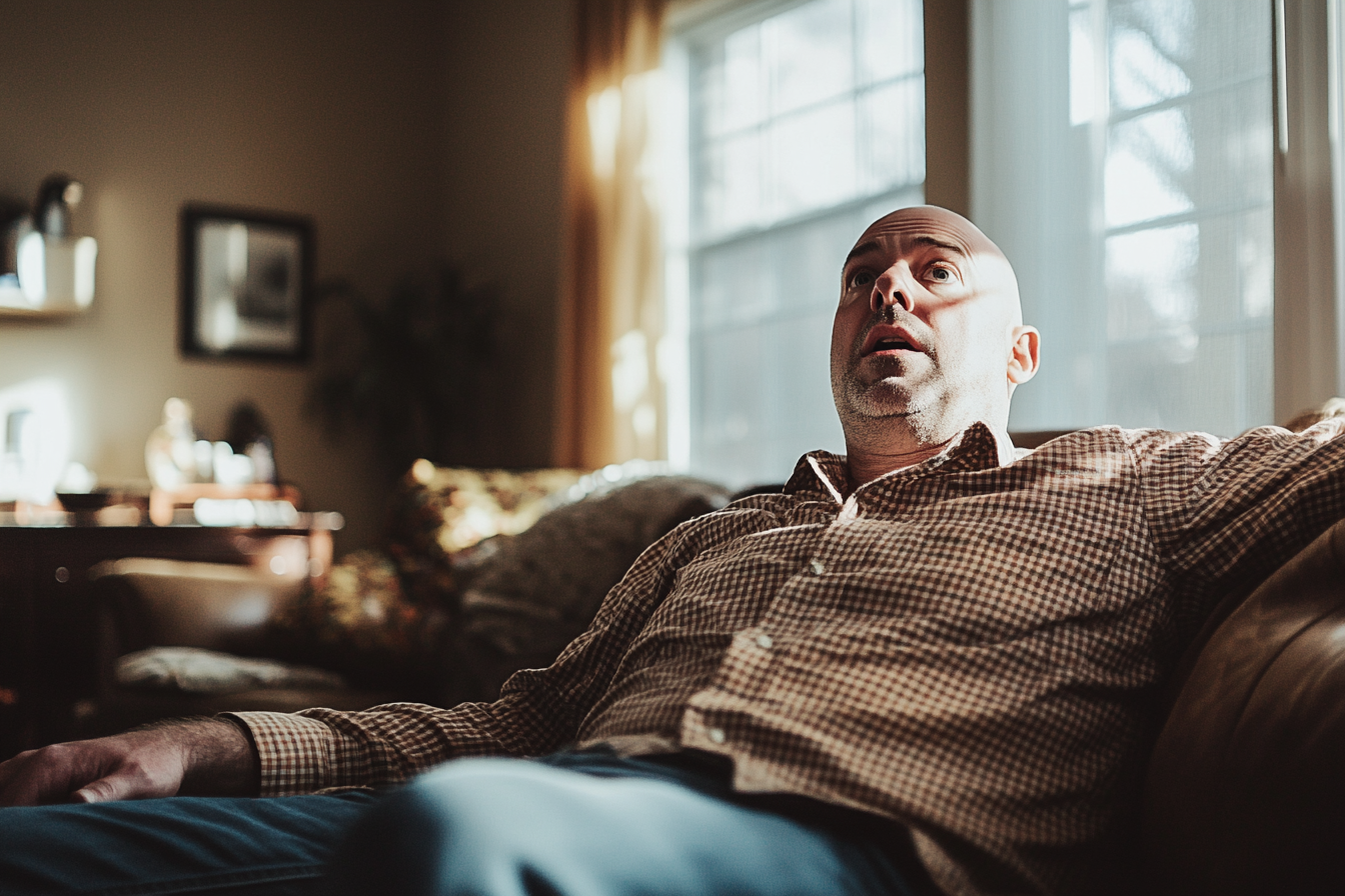 A man sitting on a couch, looking up worriedly | Source: No source