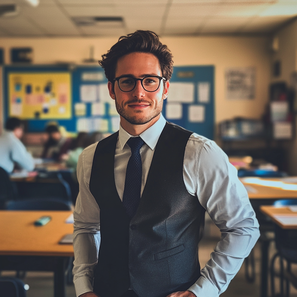 Young male teacher in a classroom | Source: No source