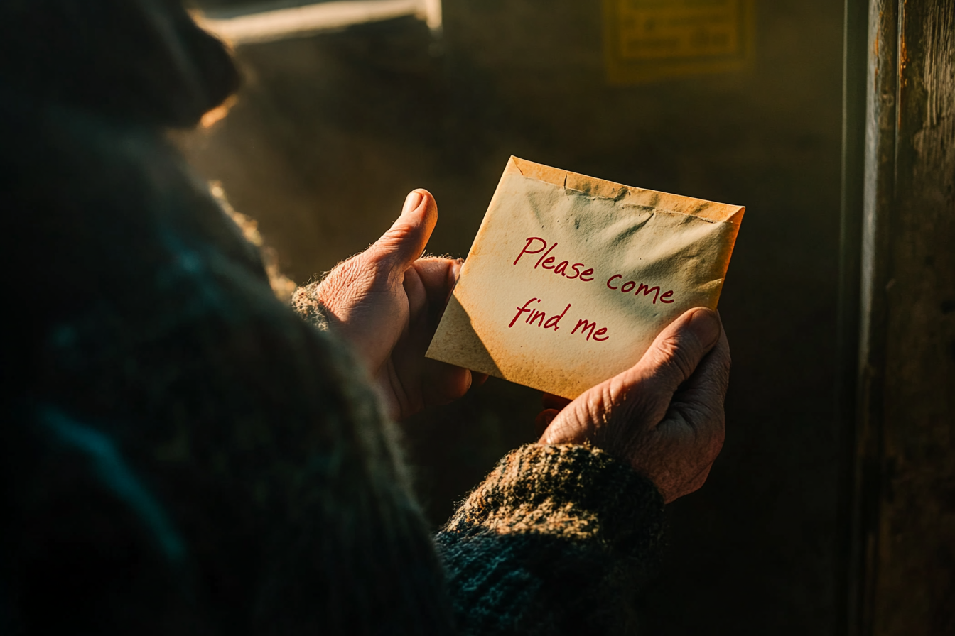 Man holding a letter saying "Please come find me" | Source: No source