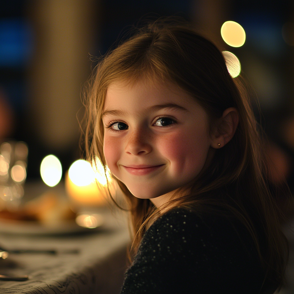A happy girl at a dinner table | Source: No source