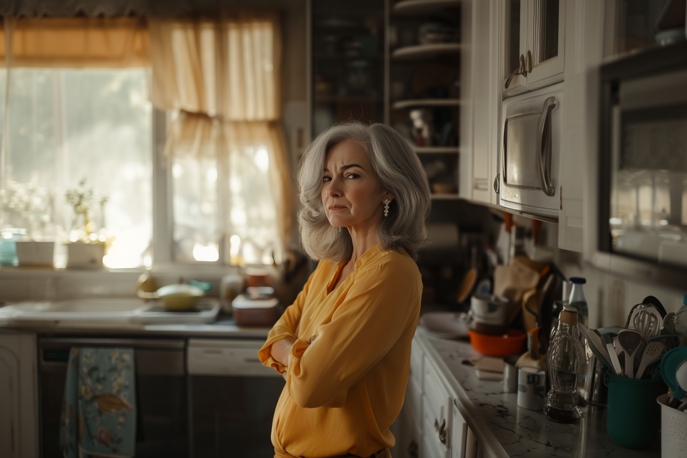 An angry woman with her arms crossed in a messy kitchen | Source: No source