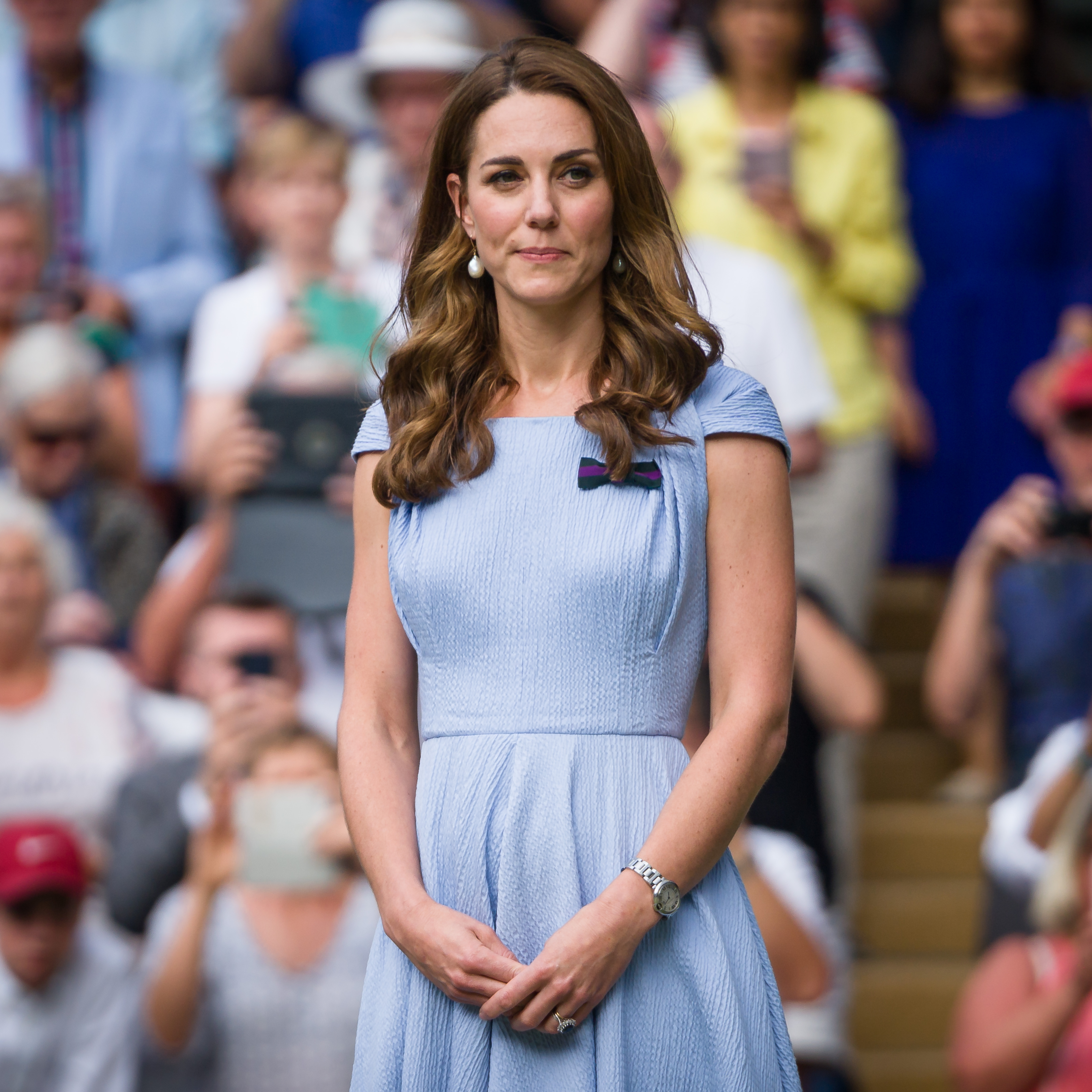 Catherine, Princess of Wales, following the Men's Singles Final between Novak Djokovic of Serbia and Roger Federer of Switzerland during day 13 of The Wimbledon Championships 2019 at the All England Lawn Tennis and Croquet Club on July 14 in London. | Source: Getty Images