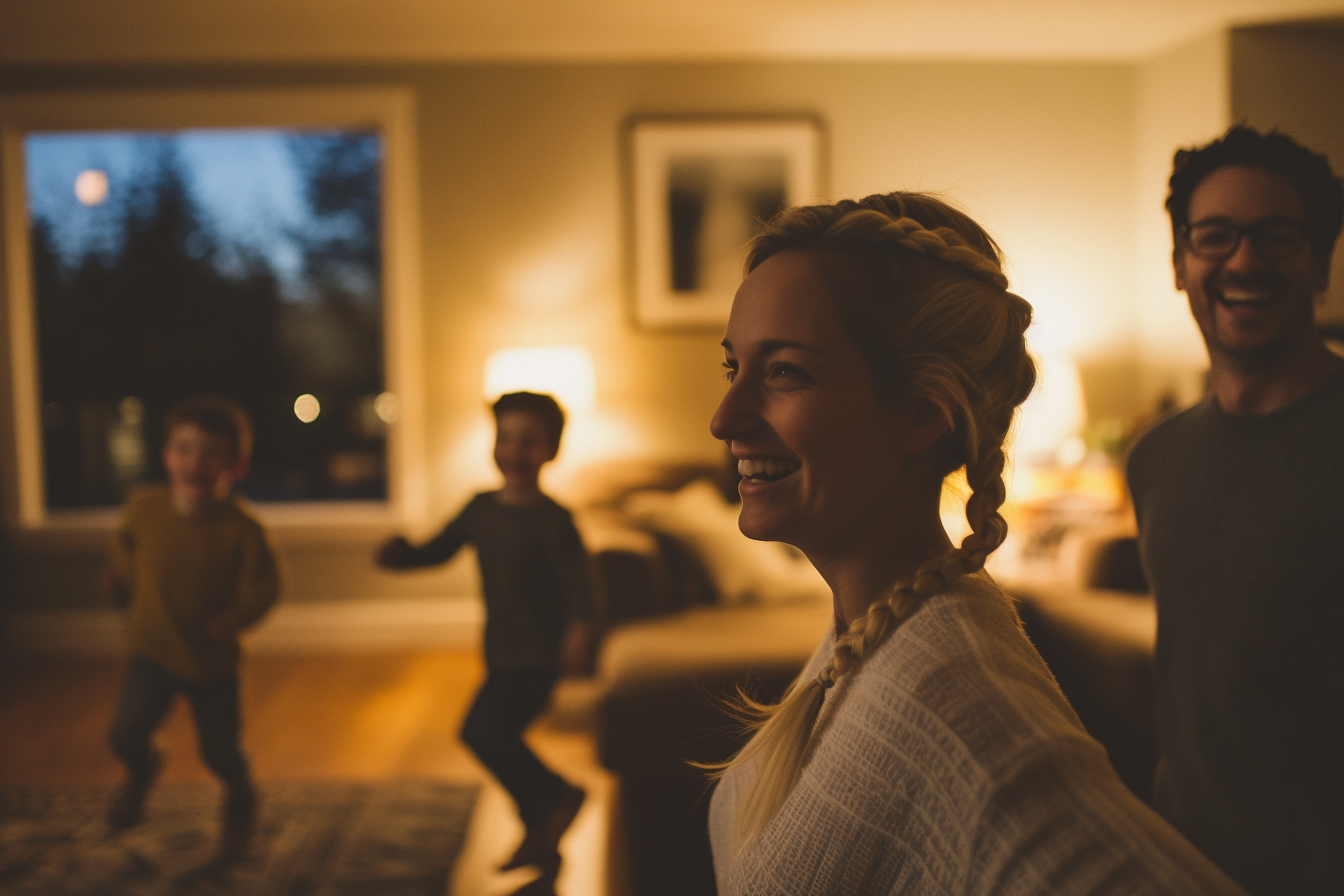 Woman in her 30s smiling happily as her husband and twin boys run in a living room | Source: no source