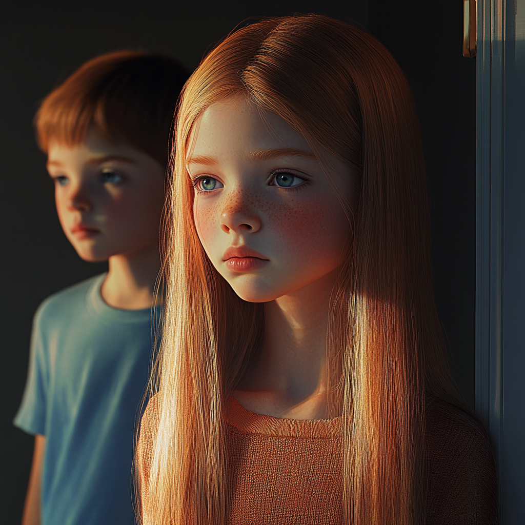 A sad girl and her brother standing at the doorway | Source: No source