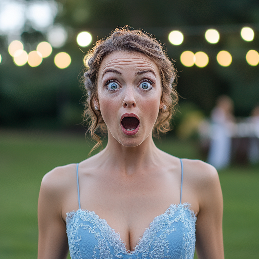 A shocked bridesmaid in a blue dress | Source: no source
